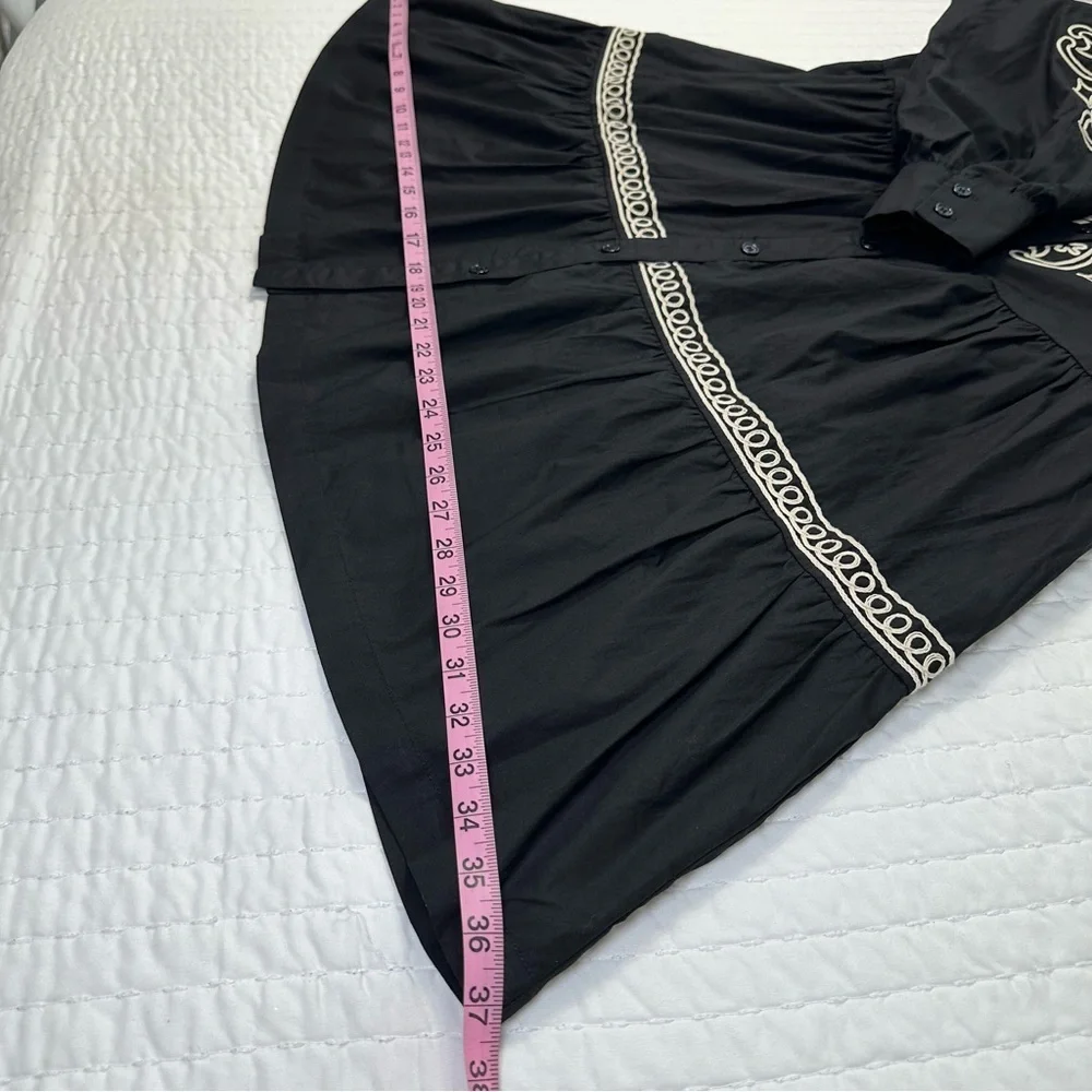Elegant Button Down Black and Cream Embroidered Long Puff Sleeve Mini Dress - Picture 16 of 16